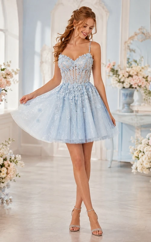 Himmelblaues kurzes Homecoming-Kleid mit herzförmigem Ausschnitt, Spaghettiträgern, floraler Spitze, Tüll, A-Linie, Schnürung am Rücken und Korsett-Rücken