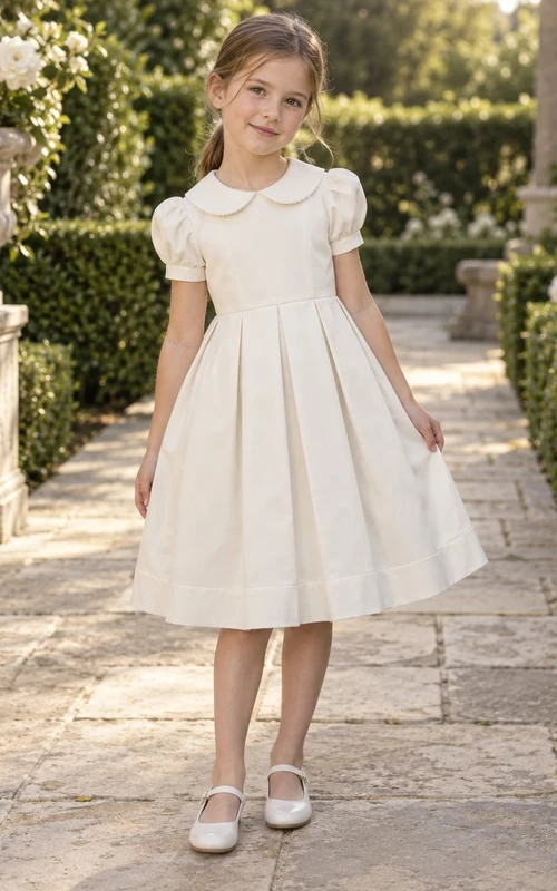 Robe de demoiselle d'honneur simple et modeste, couleur ivoire, longueur genou, col rond festonné, manches courtes bouffantes, plis creux, taille naturelle, coupe trapèze