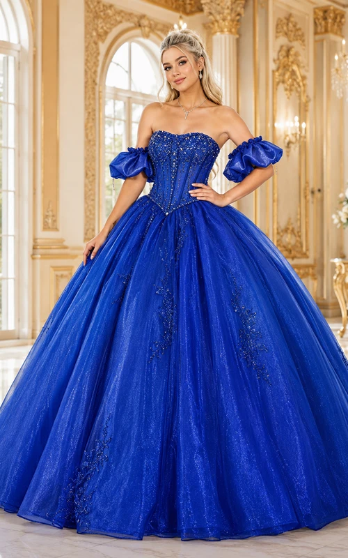 Royal Blue Luxury Off Shoulder Puff Sleeve Beaded Corset Tulle Quinceanera Ball Gown