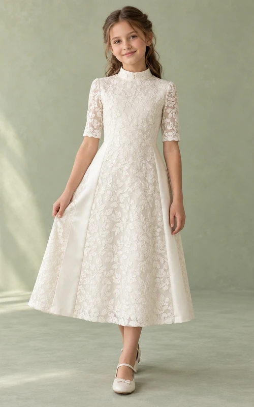 Modest High Neck Tea-length Ivory Half Sleeve Leaf Lace Smooth Panel A-Line Flowergirl Dress