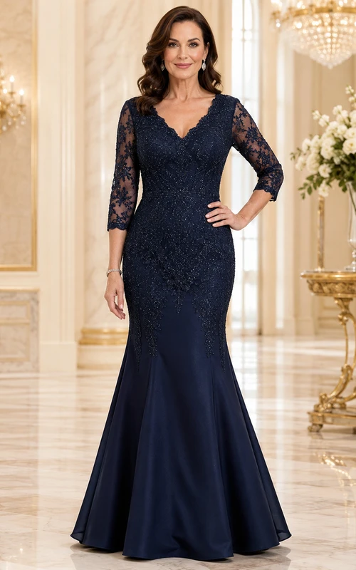Elegante vestido de novia azul marino oscuro con escote en V, mangas ilusión, encaje y satén, corte sirena y cola larga.