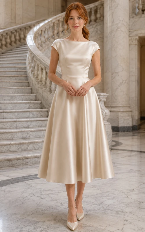 Robe de mariée mi-longue en satin à manches cape et bateau Courthouse Champagne