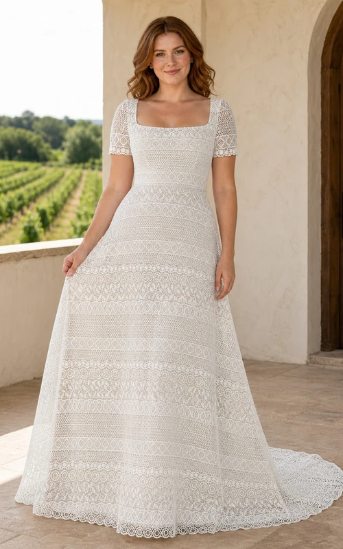 Vestido de novia bohemio de rayas, corte en A, cuello cuadrado, manga corta, largo hasta el suelo