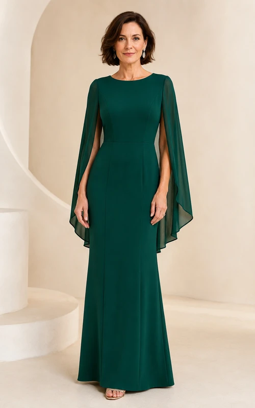 MOB-Kleid, dunkelgrünes Chiffon-Etui-Kleid, lange Ärmel, U-Boot-Ausschnitt, bodenlang, Cape-Ärmel-Detail