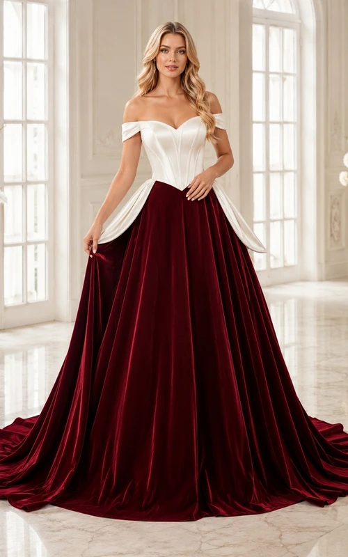 Burgunderrotes Samt-Brautkleid im Ballkleid-Stil, schulterfrei, kurze Ärmel, Schleppe/Bürstenschleppe, luxuriös und elegant