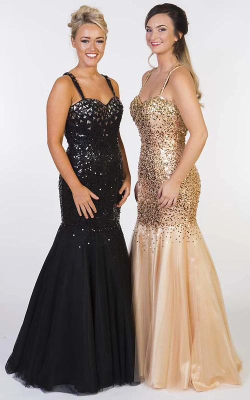 Robe de bal sirène maxi à bretelles spaghetti et sequins, sans manches, ornée de cristaux et de fines bretelles