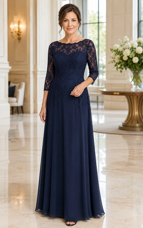 MOB Dress Dark Navy Chiffon Lace A-Line 3/4 Sleeve Bateau Neck Floor Length