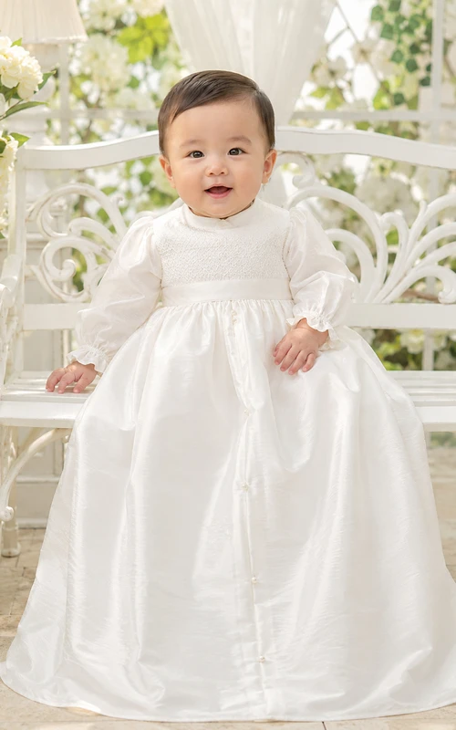 Dupioni Silk Baby Baptism A-Line Long Sleeve Floor-Length Gown Simple Elegant Adorable Satin