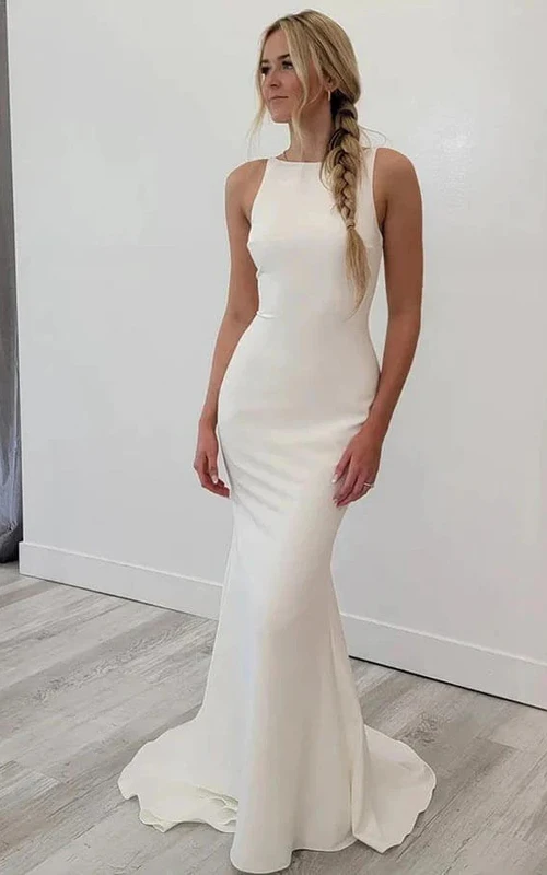 Simple Sheath Bateau-neck Sleeveless Low-v Back Wedding Dress