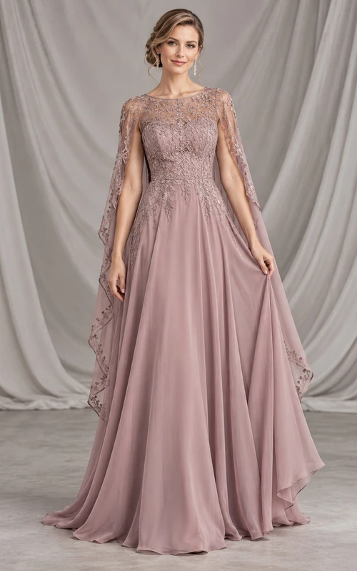 Vintage Mauve Illusion Lace Cape Back Flowing Formal Evening Gown