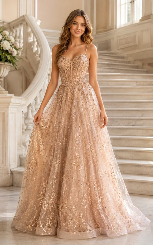 Rose Gold Lace Long Sleeve A-Line Sweep Train Prom Gown