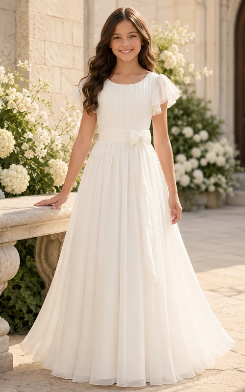 Vestido de tul transparente con mangas de volantes, largo hasta los tobillos, ideal para la comunión o para niñas de las flores.