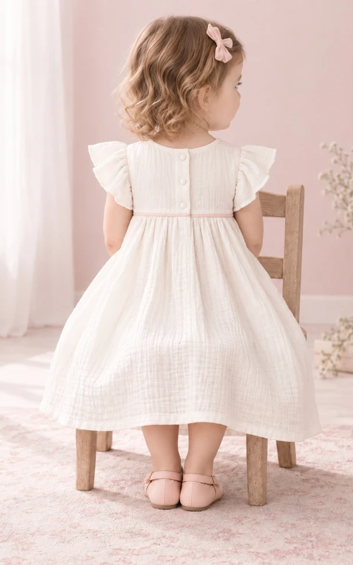 Modest Ivory Knee Length Empire Rounded Flutter Sleeve Full Gauze Flower Girl Dress