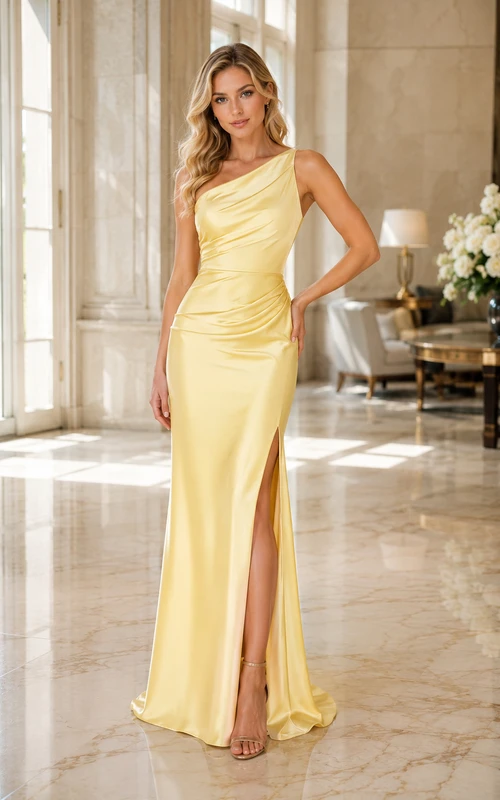Vestido formal de satén estilo sirena con un solo hombro y abertura lateral, color narciso.