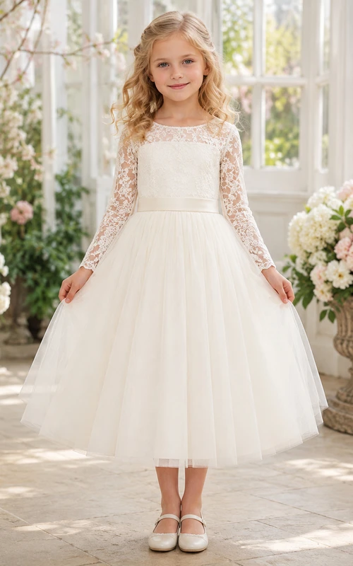 Robe de demoiselle d'honneur modeste, coupe trapèze, en tulle et dentelle, col bijou, manches longues, longueur thé