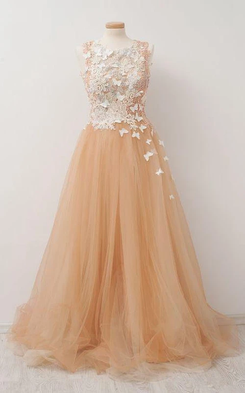 Robe sans manches trapèze à plis longs et applications de dentelle