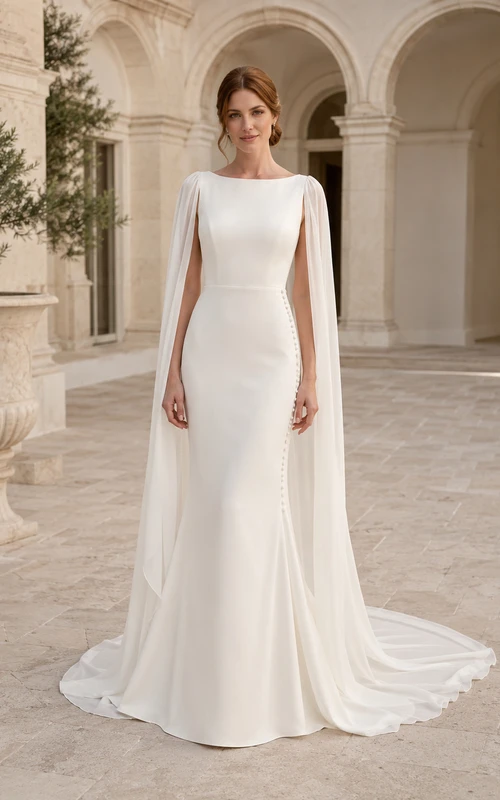 Robe de mariée fourreau en satin à col bateau, décolleté plongeant et traîne chapelle