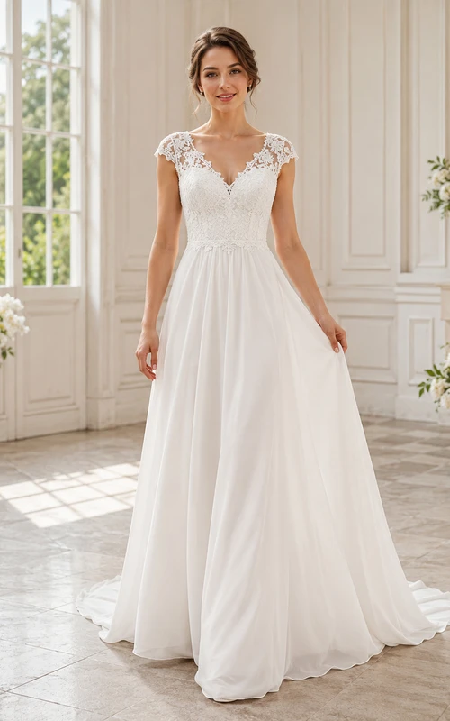 Budget V Neck Lace Chiffon Wedding A Line Cap Sleeve Court Train