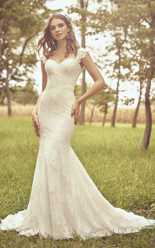 Open Back Cap Sleeve And Buttons Sweetheart Mermaid Lace Vintage Wedding Dress