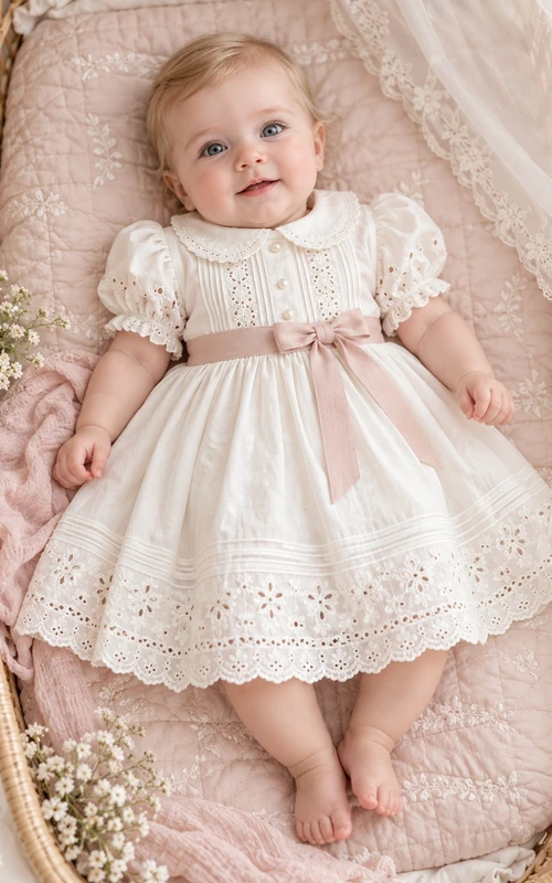 Ivory Rounded Collar Eyelet Puff Sleeve Pink Bow Baptism Dress