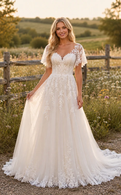 Vestido de novia de encaje campestre, corte en A, escote en V, mangas cortas, cola larga, espalda baja en V.