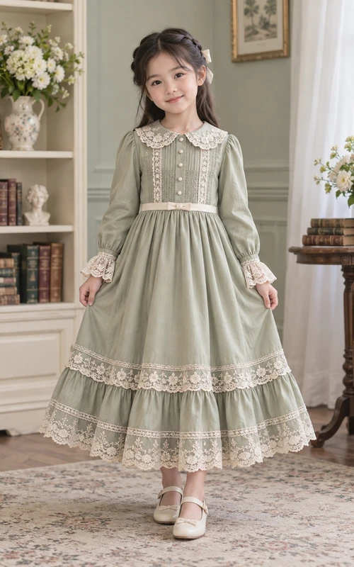 Knöchellanges, langärmeliges Vintage-Kleid in Salbeigrün mit A-Linien-Schnitt, Spitzenmanschetten, Peter-Pan-Kragen und Bündchen am Saum – ein perfektes Blumenmädchenkleid.