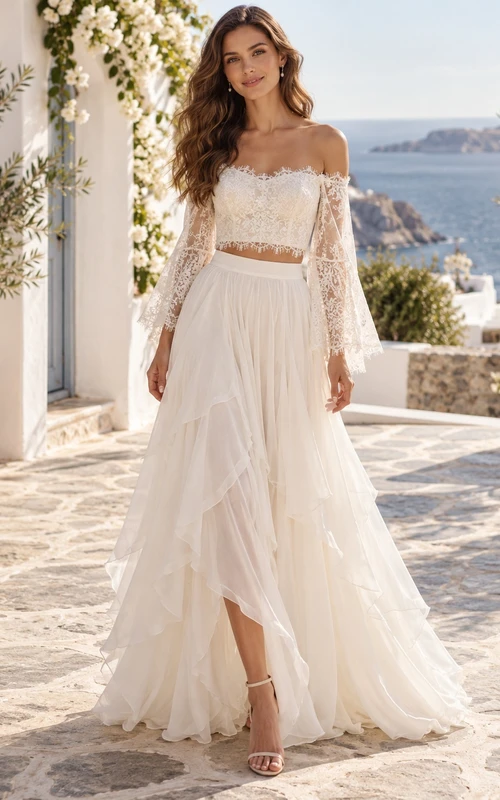 Two Piece Boho Long Bell Sleeve Tiered Chiffon Wedding Dress