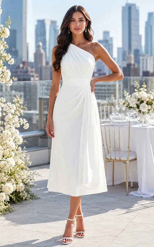 Chic One Shoulder Chiffon Bridal Shower Sheath Asymmetrical Tea Length Drape