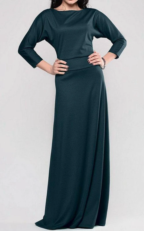 Vestido largo de jersey con mangas murciélago y corte en A, estilo Bateau 3-4, con pliegues.