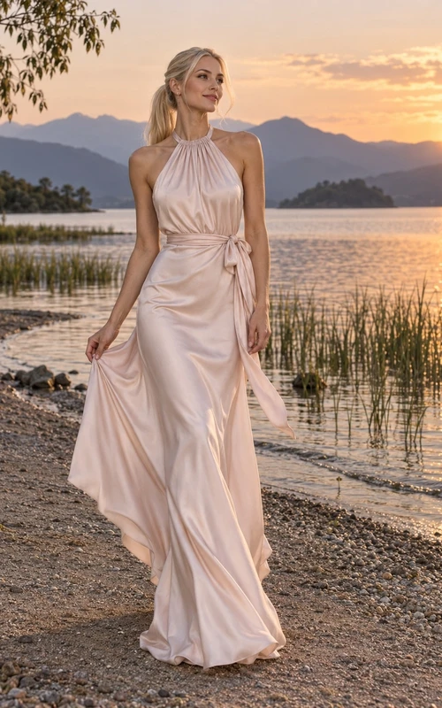 Vestido de novia sencillo color rosa empolvado con cuello halter alto y lazo lateral de satén