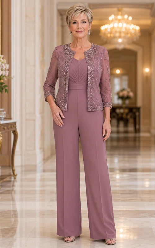Vintage-Jumpsuit in Mauve mit Mauve-farbenem Oberteil aus Spitze mit Rundhalsausschnitt und weit geschnittener Hose
