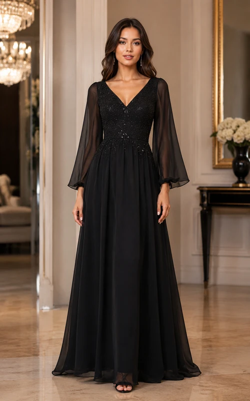 Vestido de noche de gasa en negro, vestido largo hasta el suelo con escote en V y corte en A con detalles de pedrería.