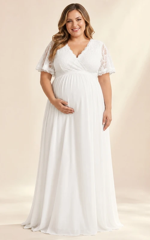 Weißes Umstandskleid aus Chiffon in Empire-Maxigröße mit V-Ausschnitt, kurzen Ärmeln und kurzen Ärmeln in Übergröße