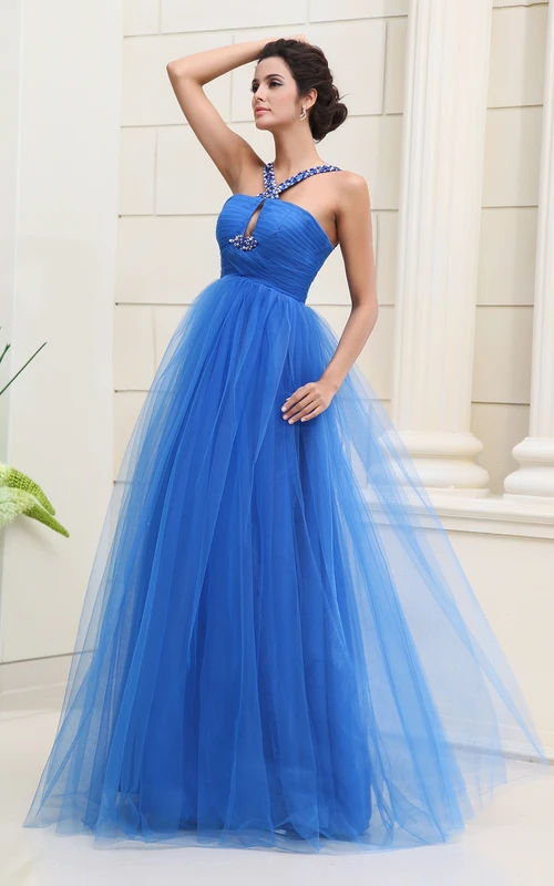 Ärmelloses, langes Tüllkleid in A-Linie mit perlenbesetzten Trägern