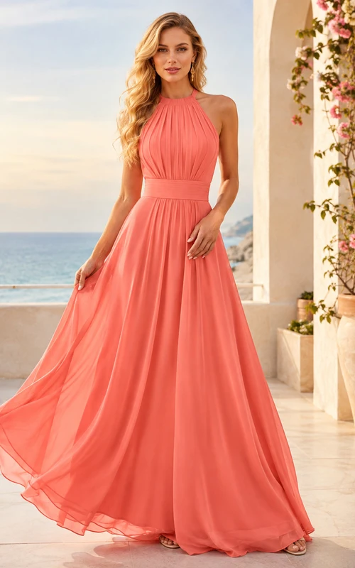 Elegantes korallenfarbenes, rückenfreies Chiffon-Brautjungfernkleid im Empire-Stil mit A-Linien-Schnitt und Neckholder