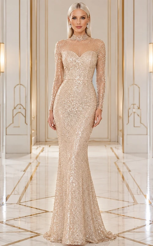Champagne Sequin Illusion Sweetheart Long Sleeve Mermaid Evening Dress