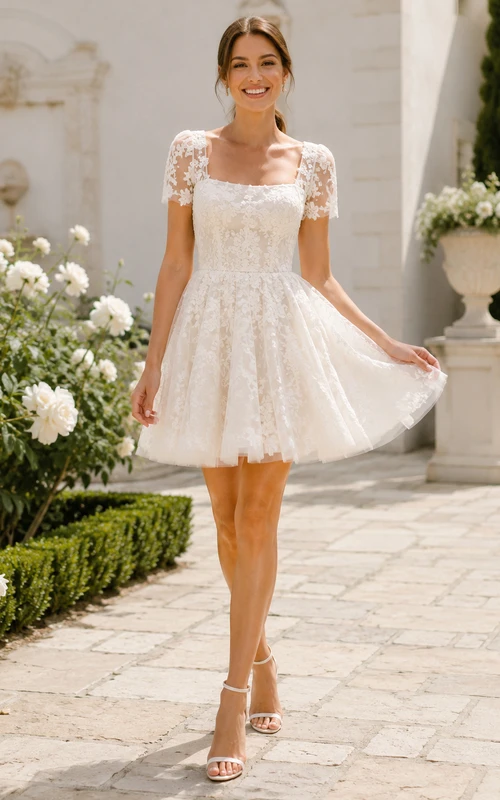 Romantic Square Neck Lace Wedding Reception Mini A Line Cap Sleeves