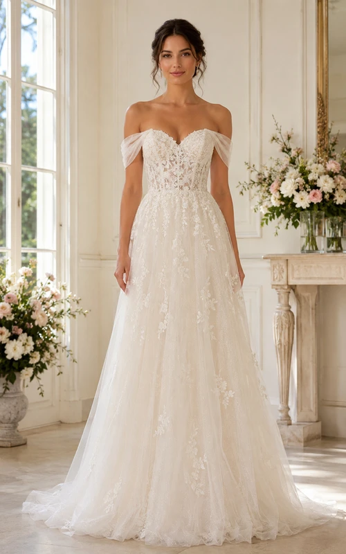 Vestido de novia de encaje con escote palabra de honor, corte en A, corpiño con escote corazón y cola de capilla.