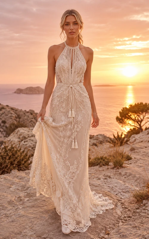 Robe de mariée bohème à col montant, dos nu, dentelle ajourée, fourreau et franges, pour un mariage à destination