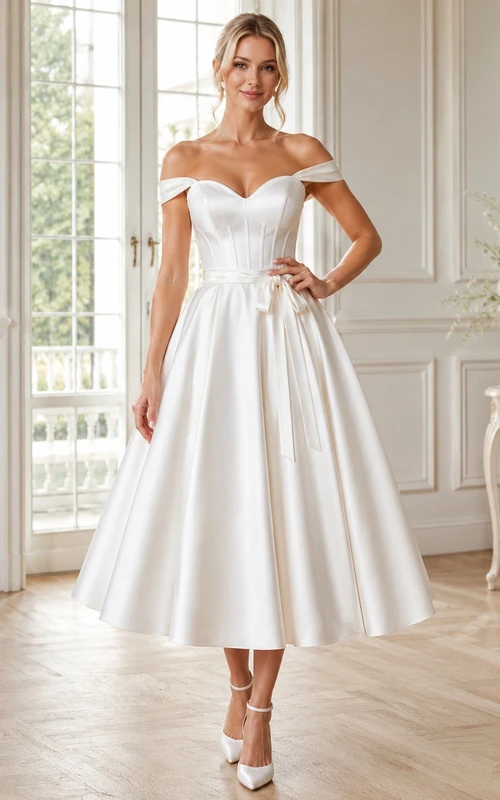 Romantisches, schulterfreies Satin-Brautkleid mit kurzen Ärmeln und A-Linien-Schnitt in Teelänge für standesamtliche Trauungen