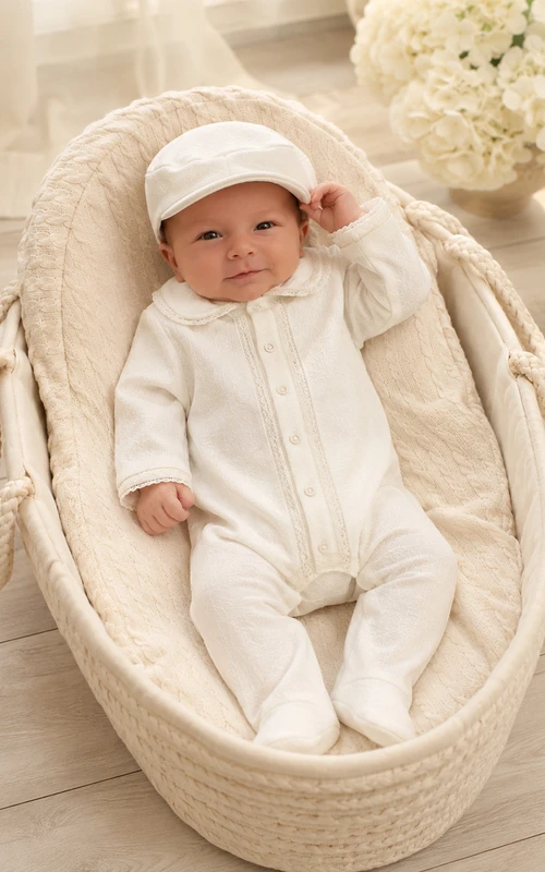 White Peter Collar Long Sleeve Newborn Christening Footie for Baby Boy