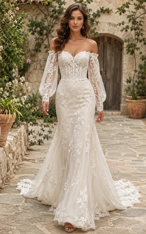 Vestido de novia bohemio de corte sirena con hombros descubiertos, mangas abullonadas de encaje y falda larga.