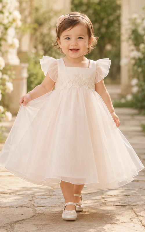 Blush Sheer Organza Overlay Baby Baptism A-Line Flutter Sleeve Dress Blushing Pink Romantic Adorable Elegant Tulle