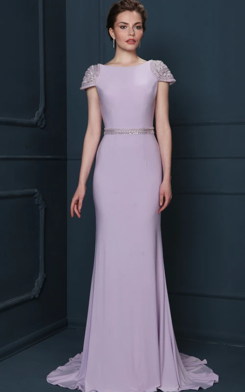 Sheath Beaded Floor-Length Jewel-Neck Cap-Sleeve Jersey Evening Dress With Waist Jewellery