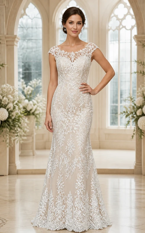 Vestido de novia de encaje estilo tubo con escote barco para novias mayores y modestas