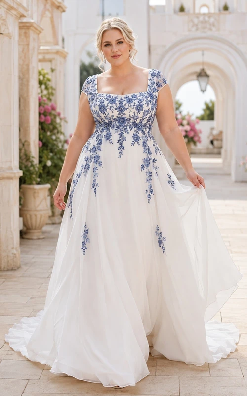Königsblaues, luftiges Chiffon-Brautkleid im Boho-Stil in Übergröße mit A-Linie, Rundhalsausschnitt und kurzen Ärmeln