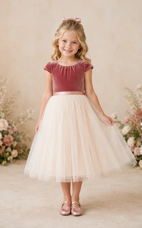 Robe de demoiselle d'honneur vintage en velours mauve, col rond, manches courtes, tulle, longueur thé, coupe trapèze, col rond, idéale pour une réception.