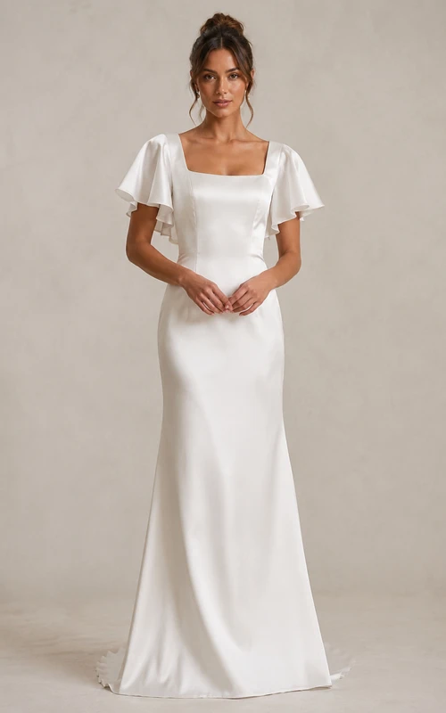 Robe de mariée fourreau carrée en satin blanc à volants