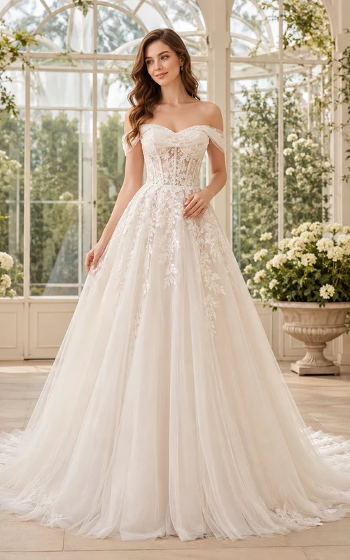 Robe de mariée champêtre en dentelle et tulle, bretelles cœur, sans manches, coupe trapèze, traîne chapelle, applications florales.