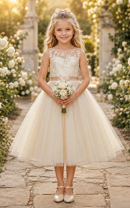 Flower Girl Dress Champagne Lace Tulle A-Line Jewel Neck Tea Length Sash Detail